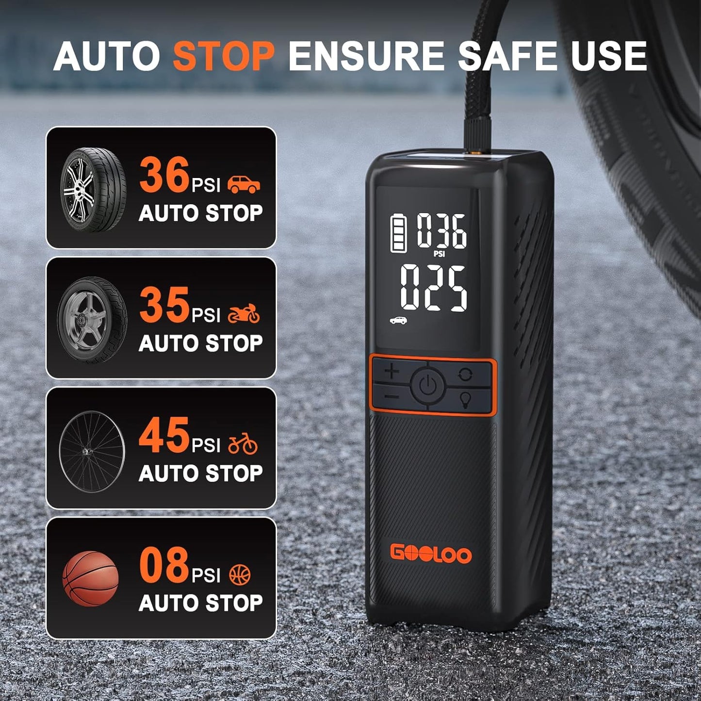 GOOLOO GT160 Tire Inflator Portable Air Compressor, 160PSI Portable Air Pump for Car Tires, 7500mAh Cordless Air Pump with Digital Pressure Suitable for Cars, Bikes, Balls, Motorcycles