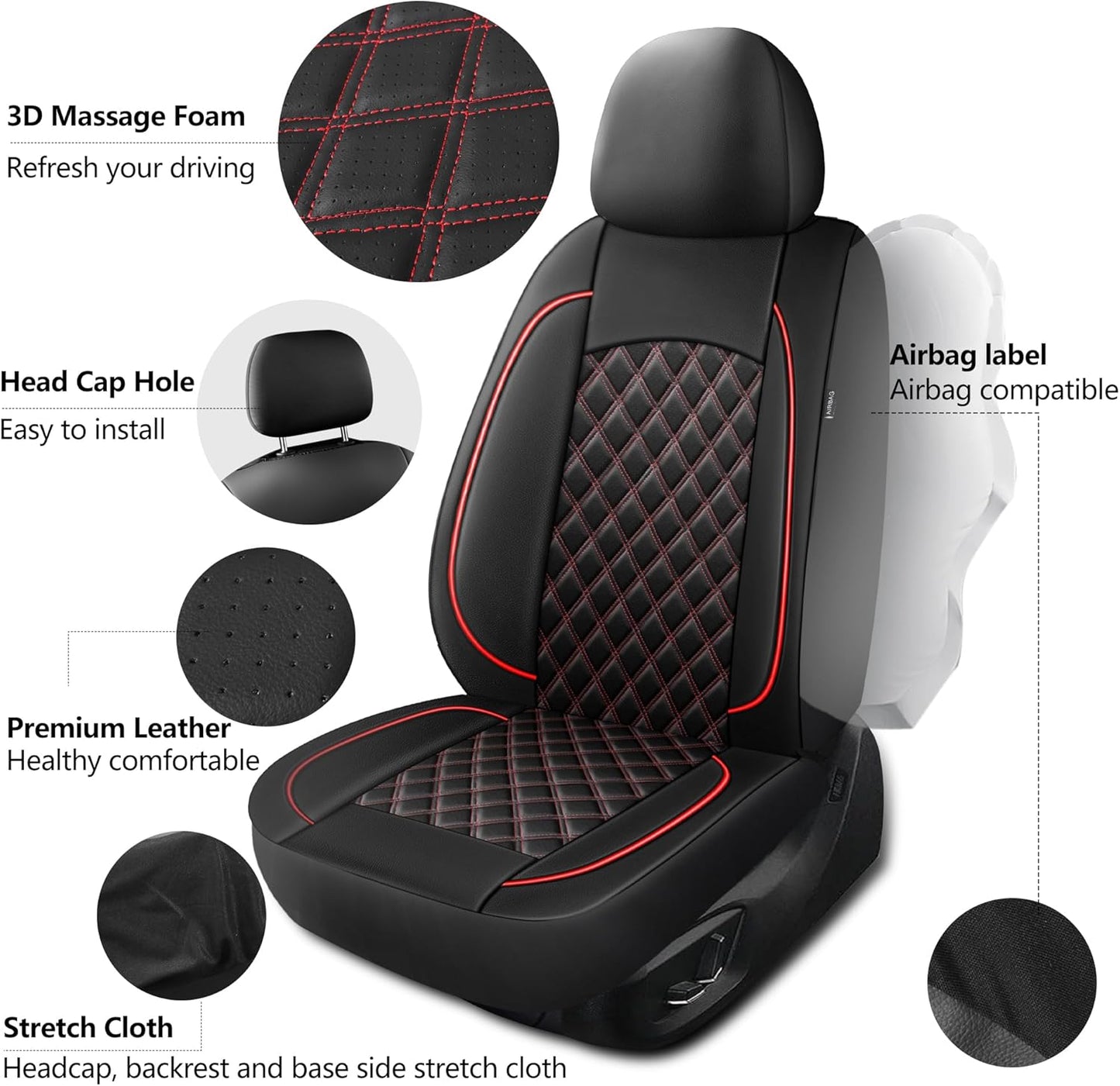 Leather Car Seat Covers,Breathable and Waterproof Napa Leather Automotive Seat Cover,Universal Interior for Cars,Sedans,SUVs,Vans,Trucks(Front Seat,Black+Red,N3)