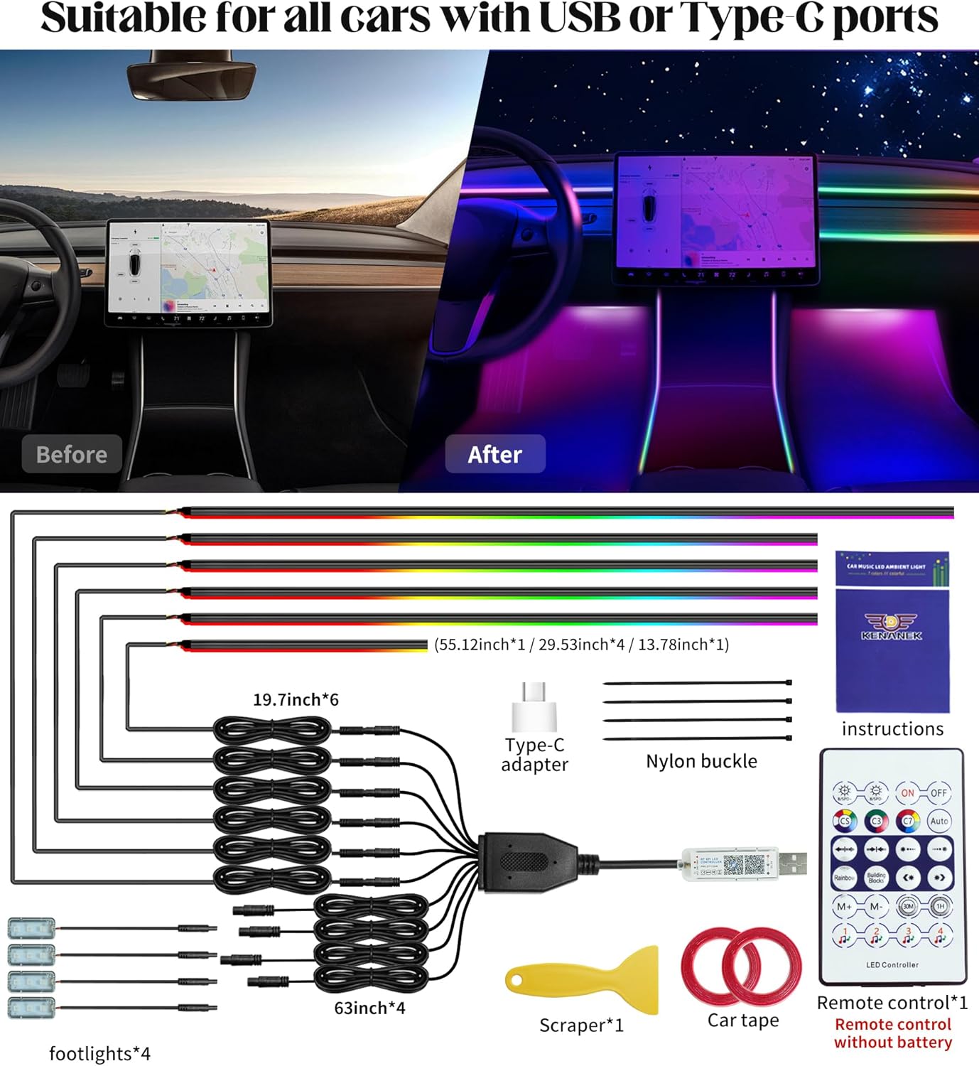 KENANEK Acrylic Interior Car LED Strip, 10 in 1 USB/Type C Interface Colorful 187-inch car Ambient Lights kit，Supporting Wireless Control Modes，with 16 Million Color Options