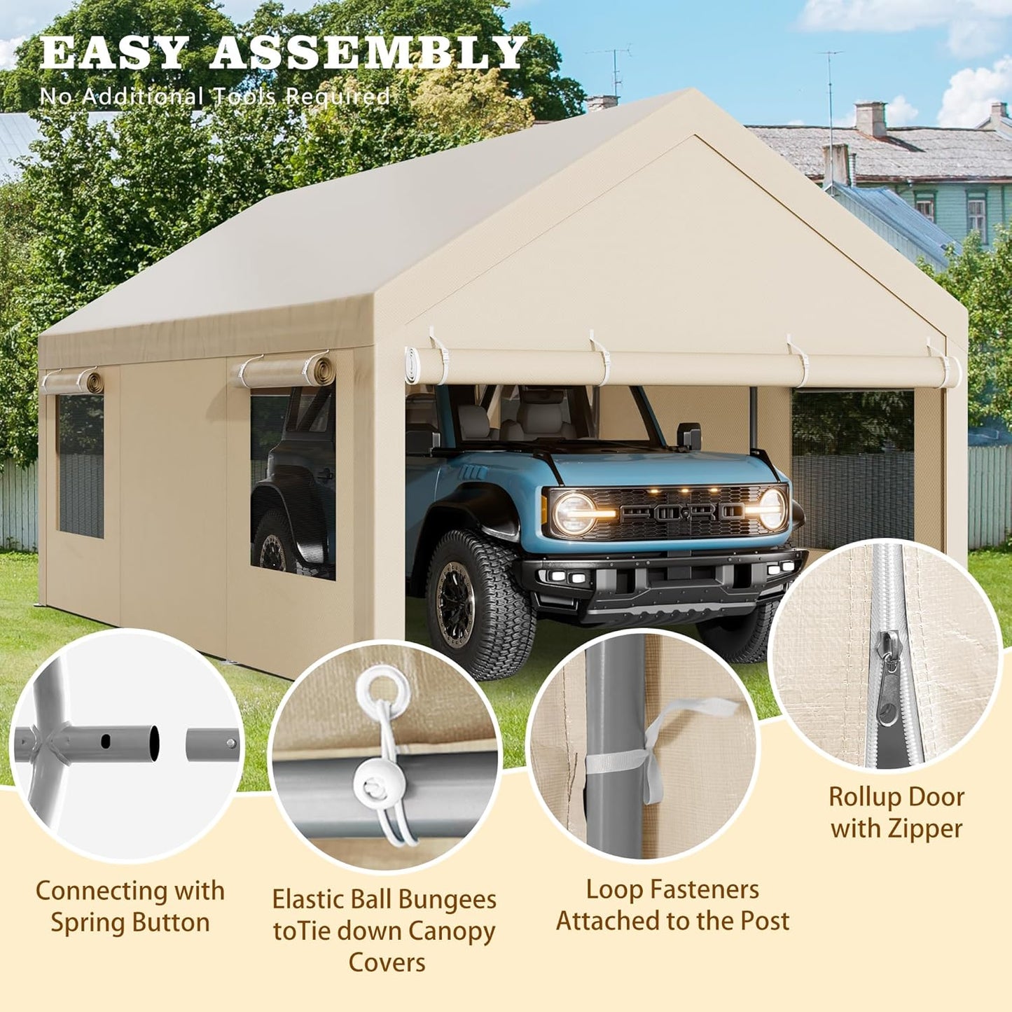 Walsunny Carport, 10x20 ft Heavy Duty Carport Canopy with Roll-up Windows, Portable Garage with Removable Sidewalls & Doors, Car Canopy with All-Season Tarp for Car, Truck, Boat