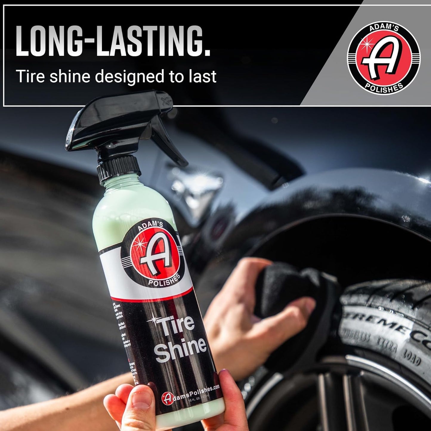 Adam's Tire Shine 16oz - Easy to Use Spray Tire Dressing W/ SiO2 for Glossy Wet Tire Look w/No Sling | Works on Rubber, Vinyl & Plastic | USA Made