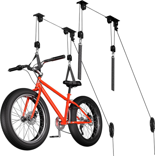 2 Pack Bike Hoist, Heavy Duty Bike Pulley System for Garage Ceiling Bicycle Hanger, Bike Lift Overhead Storage Holds Up to 85 lbs Capacity, Fit 10-16 Foot Ceilings, Black