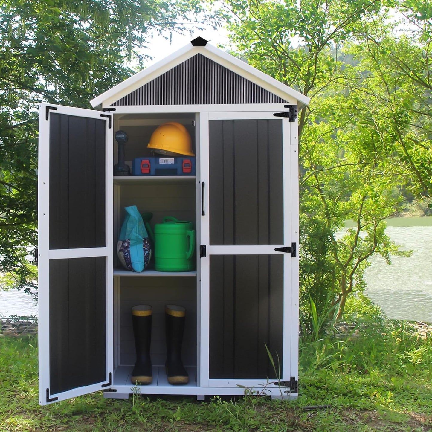 Outdoor Storage shed Small Storage shed with Floor Wooden Frame Lockable Metal Door Adjustable Shelves Cabinets Waterproof Large Capacity Storage Tool Cabinet Box for Backyard Garden Patio Lawn