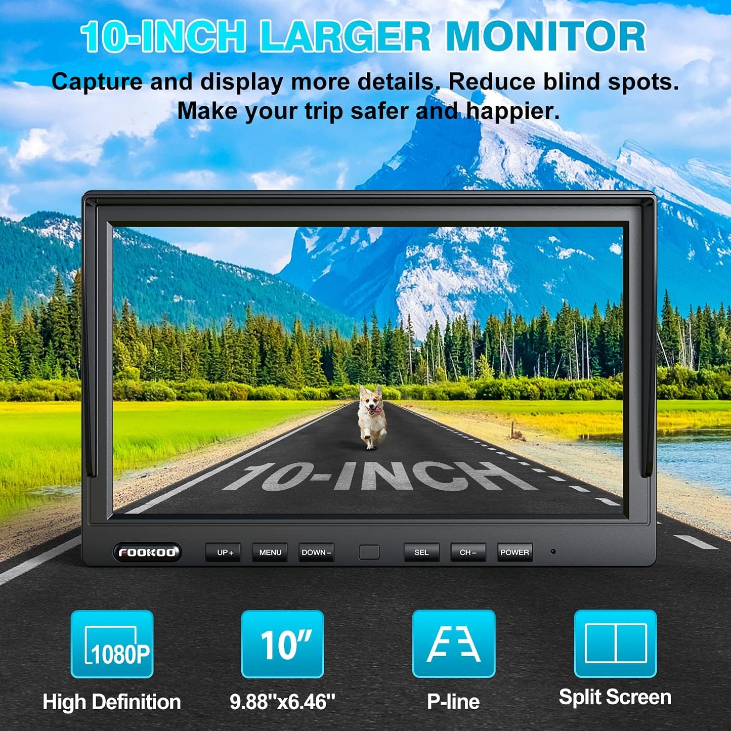 Fookoo HD 1080P 10" Wired Backup Camera System, 10" Triple Split Screen Monitor W/Recording, IP69 Waterproof Side & Rear View Cameras, 4 Channel, Parking Lines, RV/Truck/Trailer/5th Wheel (DY103)
