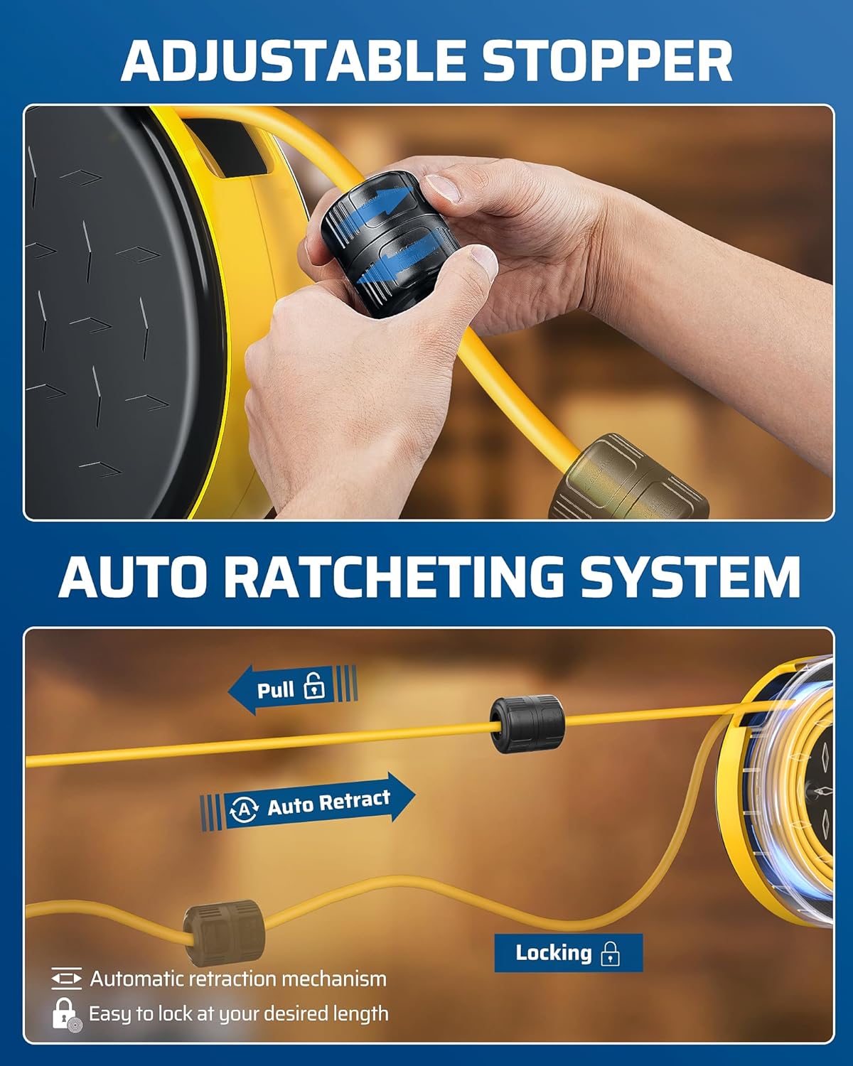 DEWENWILS 30 Ft Retractable Extension Cord Reel, Ceiling/Wall Mount 16/3 Gauge SJTW Power Cord with 6 Grounded Outlets, Twist-Lock Stopper, 10 Amp Circuit Breaker, Metal Covering, UL Listed