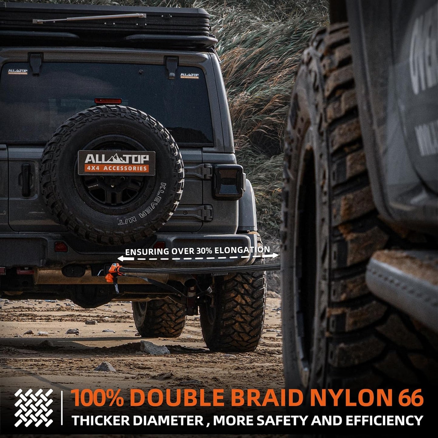 ALL-TOP Kinetic Recovery Rope, 48000Lbs, 1in x 30ft, Heavy Duty 30+% Elasticity, 16000Lbs Work Load Limit for 4x4 Offroad Vehicle