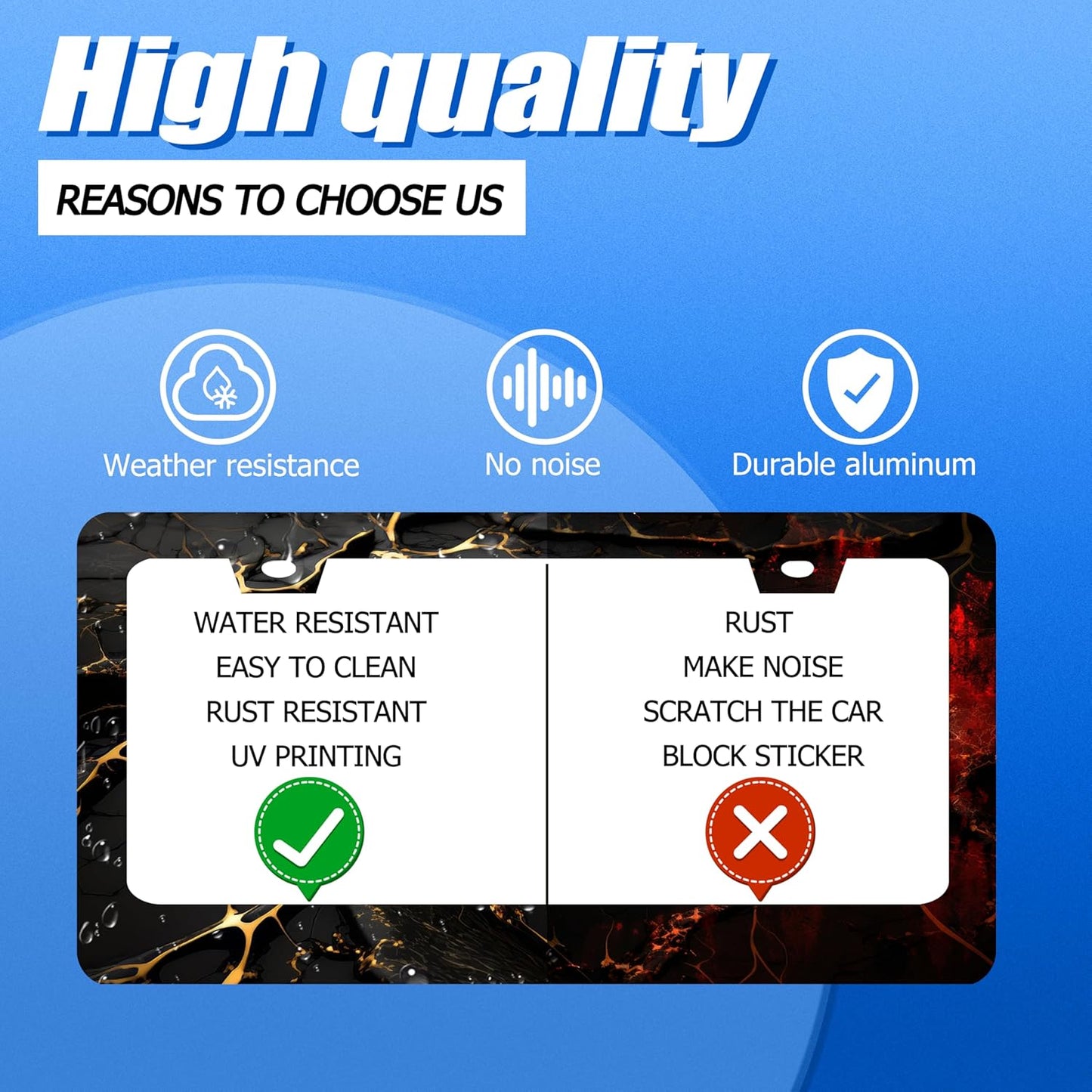 Marble License Plate Frame Black Gold Marble Printed License Plate Stainless Steel Funny License Plate Holder Men Women Colorful Car Accessory Decoration 12.3" x 6.3"