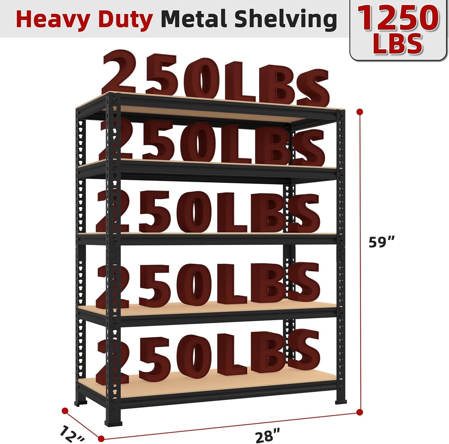 5-Shelf Heavy Duty Shelving - Adjustable Garage Storage Shelves, Metal Utility Storage Racks for Warehouse Pantry Basement Kitchen, Garage Organizers Shef Unit, Black, Packs of 2