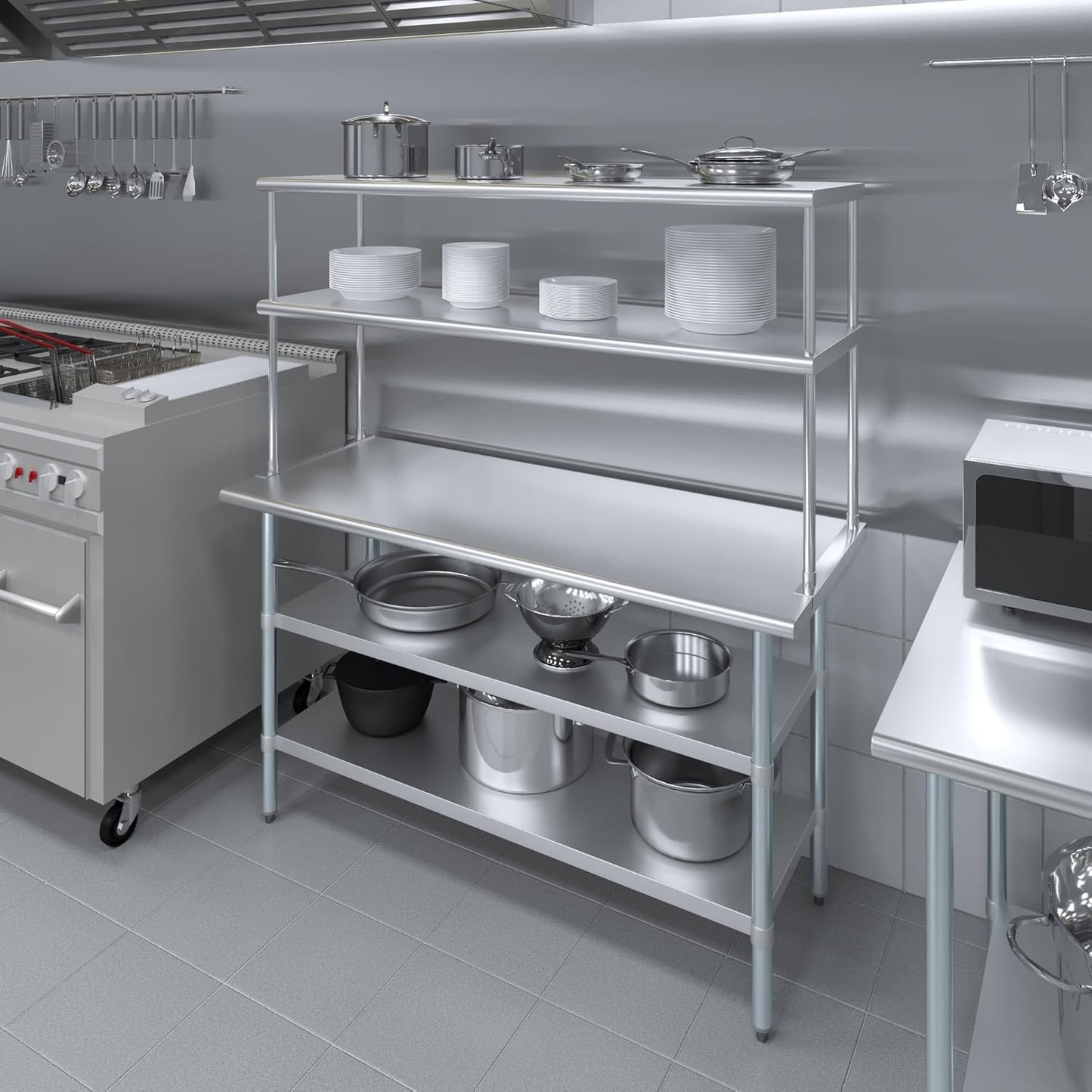Amgood Stainless Steel Work Table with 2 Shelves | Metal Kitchen Prep Table & Shelving Combo (24" x 60" Table with 2 Shelves + 18" Overshelf)
