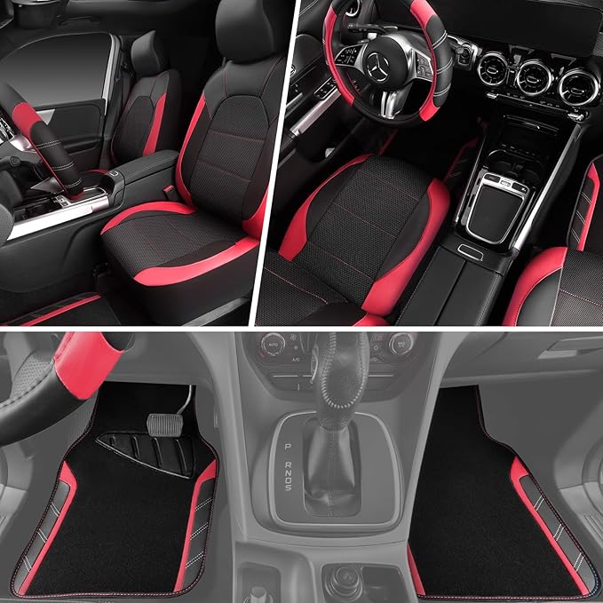 CAR PASS Air Mesh Leather Car Seat Covers for Front Seats, Waterproof Car Floor Mats, Sporty Steering Wheel Cover, Universal Fit for 95% Cars Truck SUV (Black and Red)