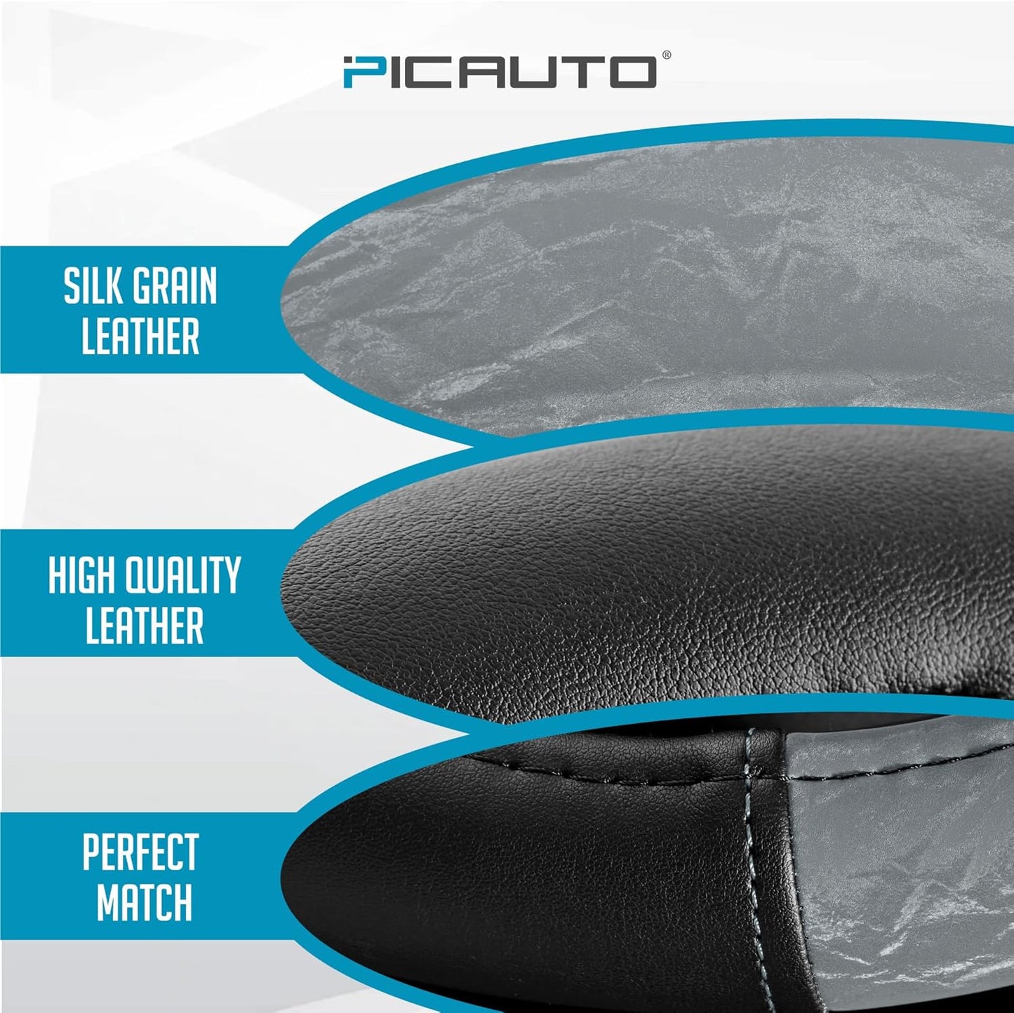 PIC AUTO Steering Wheel Cover, Silk Grain Leather Car Steering Wheel Protector, Comfortable Grip, Universal 14.5-15.5 Inch Anti-Slip Steering Wheels Accessories for Men & Women (Gray)