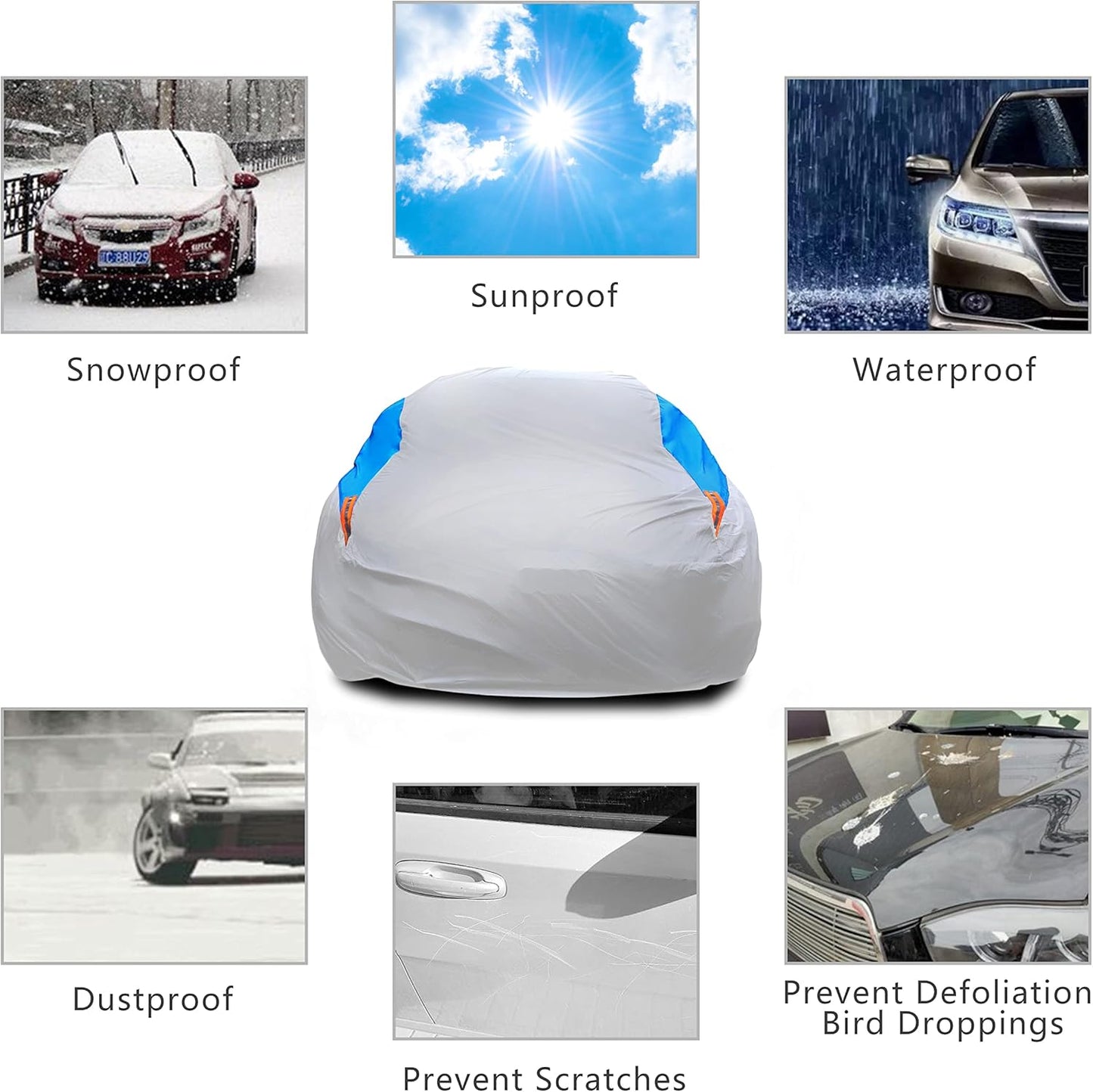 MORNYRAY Waterproof Car Cover All Weather Snowproof UV Protection Windproof Outdoor Full car Cover, Universal Fit for Sedan (Silvery, A6-Fit Sedan Length(207-216 inch)