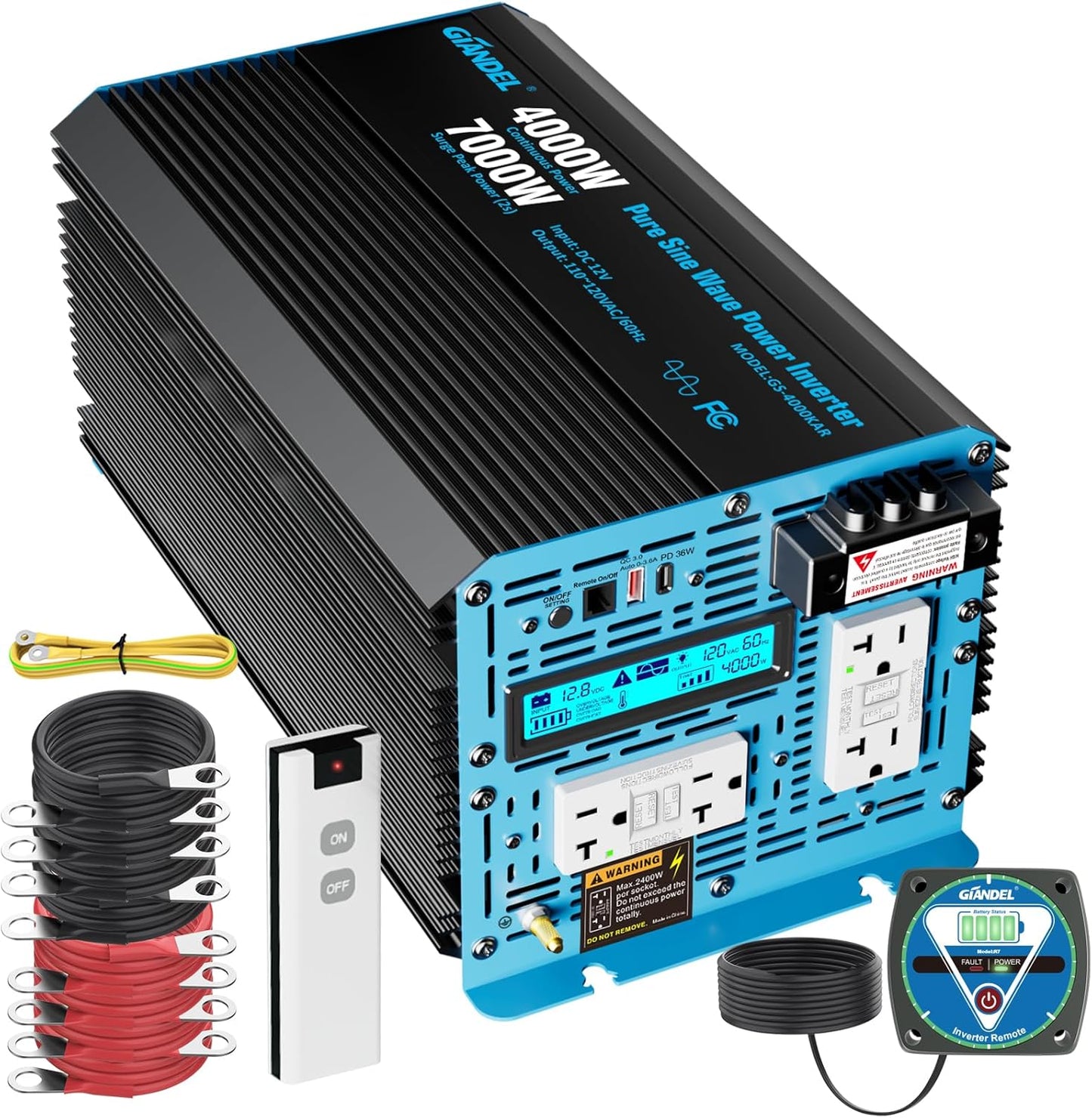 GIANDEL 4000W Pure Sine Wave Power Inverter 12V to 120V AC,7000W Surge,Compatible with All 12V Batteries,Dual Remote Control,UL Listed GFCI Outlets,FCC Approved for RV Campers Off-Grid Solar Systems