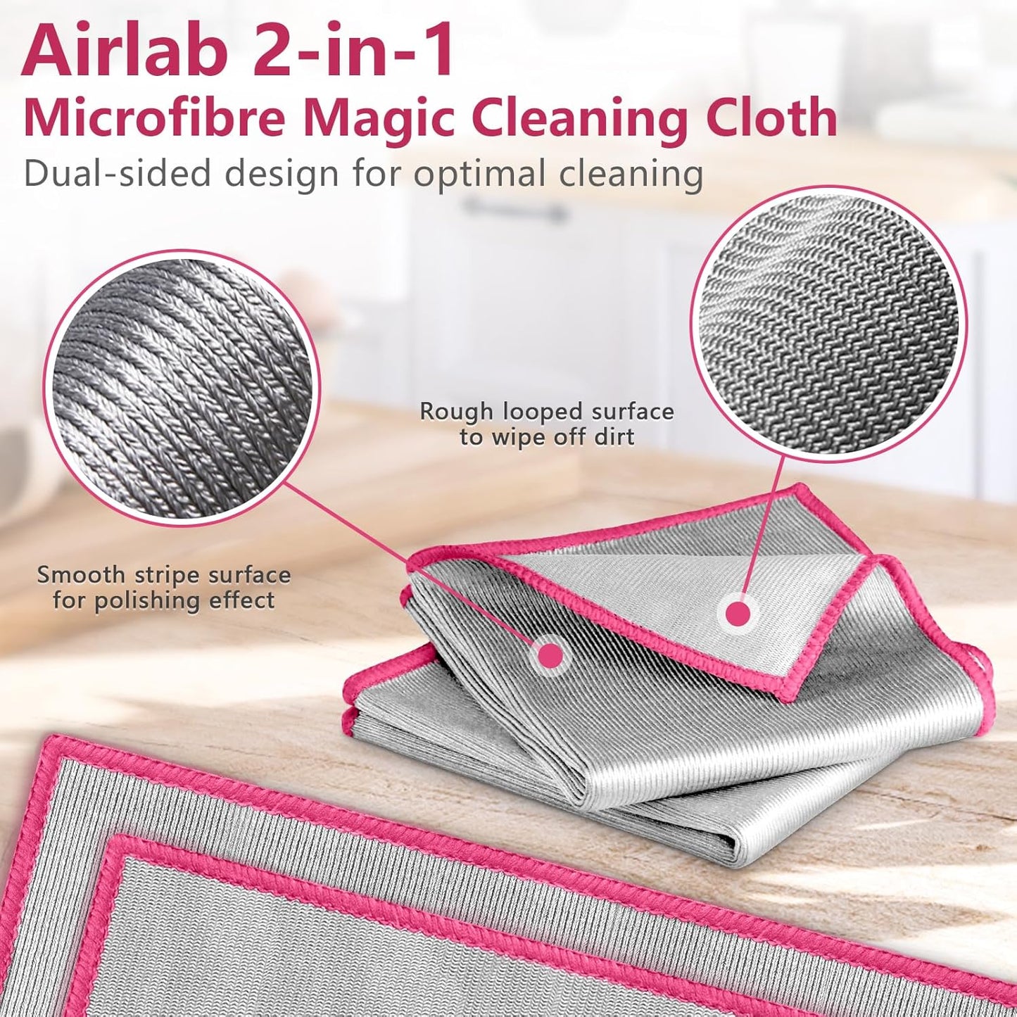 Glass Polishing Cloth Streak Free Miracle Microfiber Cleaning Cloth Lint Free Cleaning Rags for Glasses Kitchen Dish Mirrors Easy Clean, Pack of 6, 12" x 12", Sliver-Pink