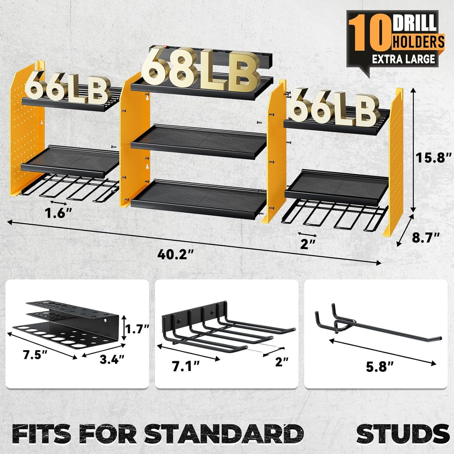 Upgrade Large Power Tool Organizer Wall Mount with Charging Station Tool Storage Rack with 6.5FT Power Strip 10 Drill Holder and Storage Rack for Garage Organization