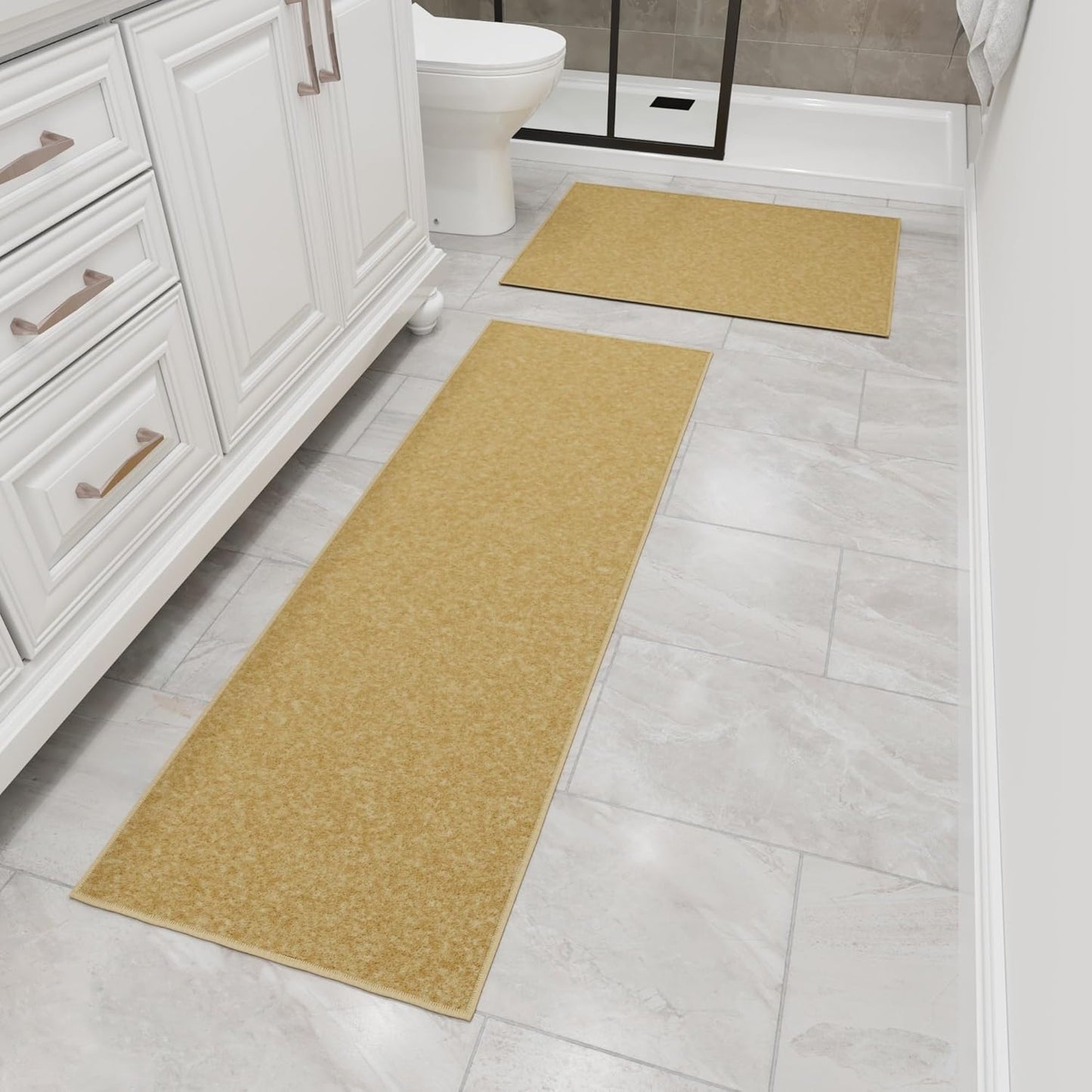 Ottomanson 2-Piece Kitchen Rug Set - Non Slip, Runner & Small Area Rug - Solid - 20" x 59" & 2'3" x 3' - Durable, Stain Resistant for Entryway, Bedroom and Bathroom, Beige