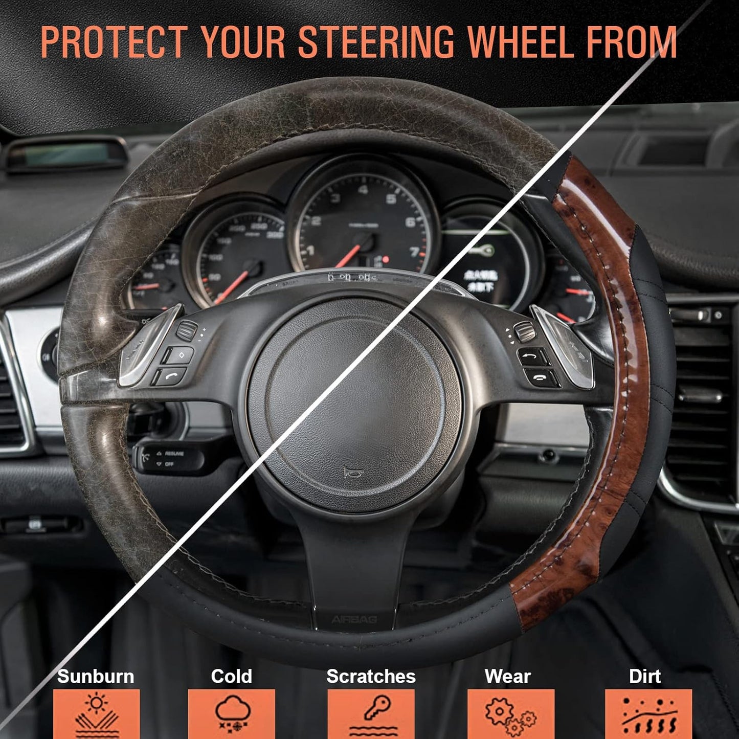 CAR PASS Wood Grain Microfiber Leather Sporty 14.5-15 inch Steering Wheel Cover Universal Fits for 95% Truck,SUV,Cars, Anti-Slip Safety Comfortable Design (Black Wood Grain)