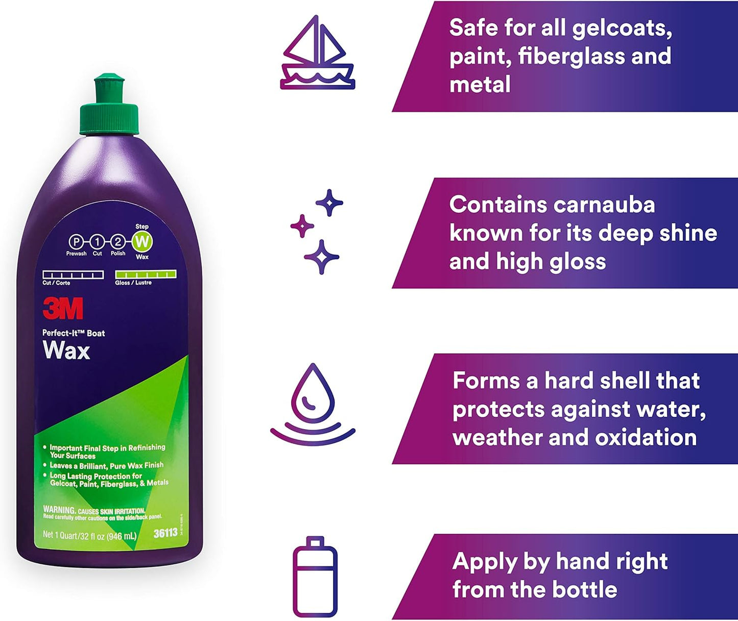 3M Perfect-It Boat Wax, 36113, 1 Quart, Contains Carnauba Wax, Protects against Weather and Oxidation, For Boats and RVs