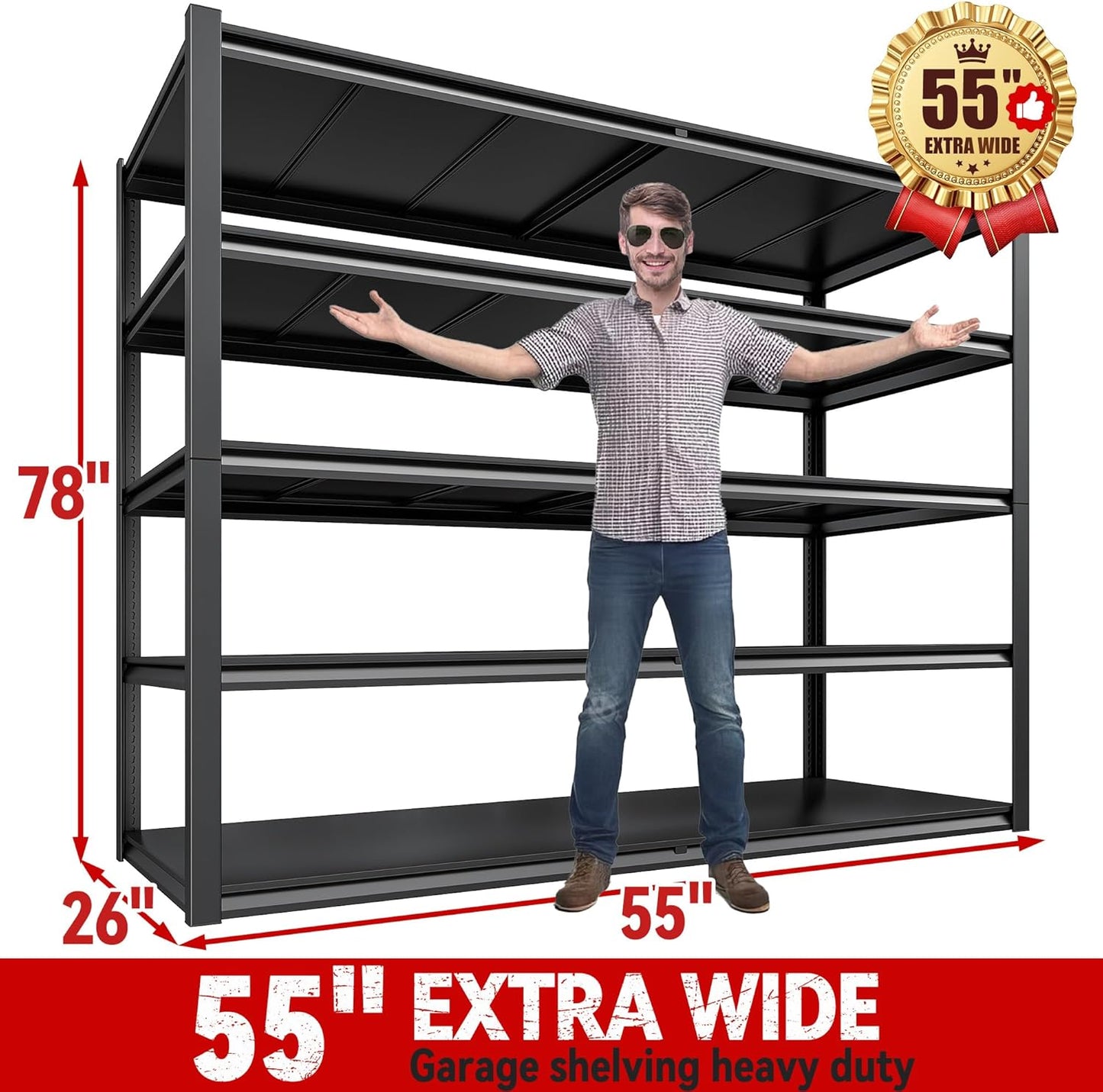 REIBII 78" H Storage Shelves, Garage Shelving Heavy Duty Load 3000LBS, Adjustable Garage Shelving, 5 Tier Metal Shelves Unit for Storage Rack, Basement, 55" W x 26" D x 78" H, Black, 3 Pack