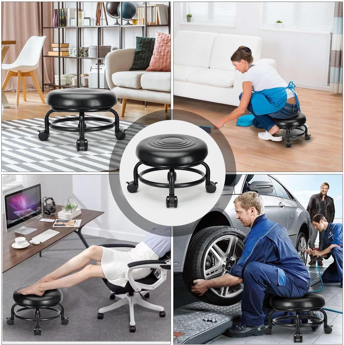 Low Height Rolling Stool Low Roller Stool PU Leather Comfortable Chair, Modern Low Rolling Stool for Home Office Garage Shop