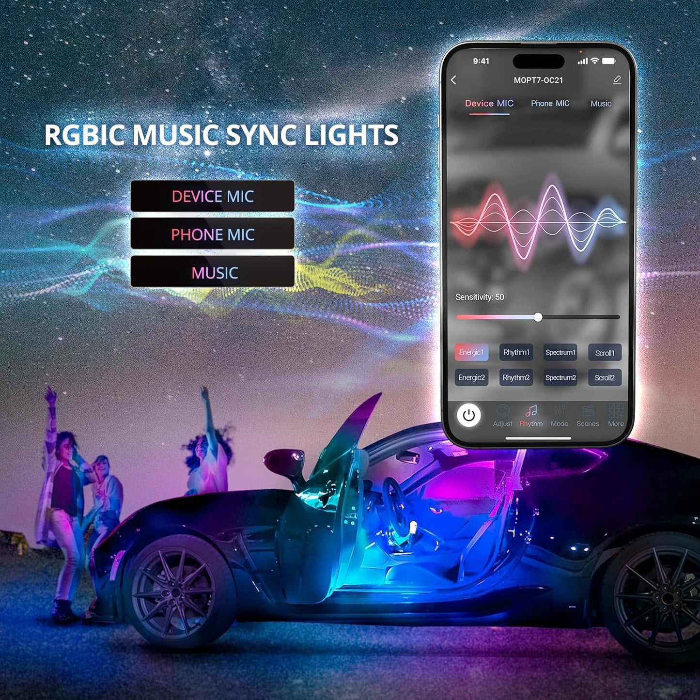 OPT7 Aura DreamColor RGB-IC LED Car Interior Light Strips, 4PC Interior Ambient Lighting Kit, Color Chasing Light Kit w/APP Control & Wireless Remote, Universal for Vehicles SUV Trucks Pickups Van