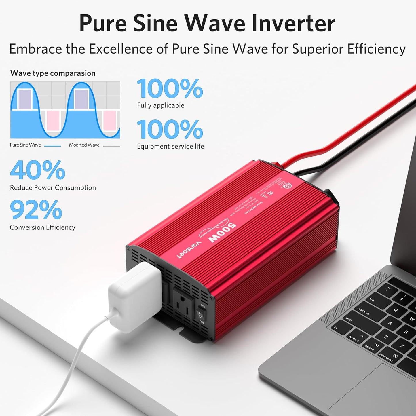 500W Pure Sine Wave Power Inverter, DC 12V to 110V AC Car Plug Inverter Adapter with 4.2A Dual USB Charging Ports and 2 AC Outlets Car Charger (Red)