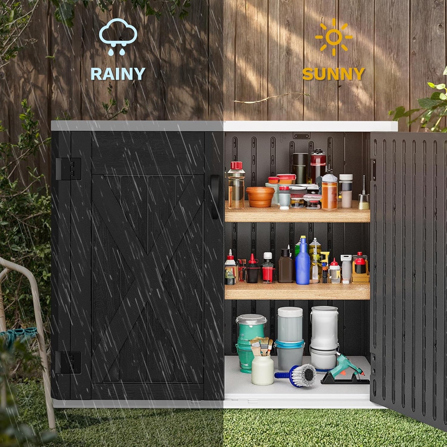 DWVO 35 Cu Ft Storage Shed with Unique X-Shaped Lockable Door, Outdoor Weatherproof Resin Shed Without Shelf for Waste Bins, Bicycles, Gardening & Lawn Equipment, Dark Gray