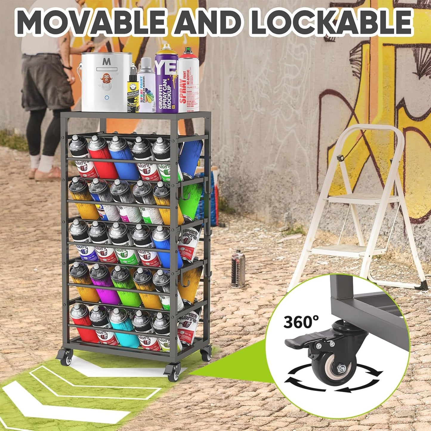 50 Spray Paint Storage Holder, Rolling Spray Can Storage Rack, Heavy Duty Paint Aerosol Can Organizer, Lube Can Holder Cart, Lube Bottle Organizer Rack for Garage,Shop, Craft Workroom