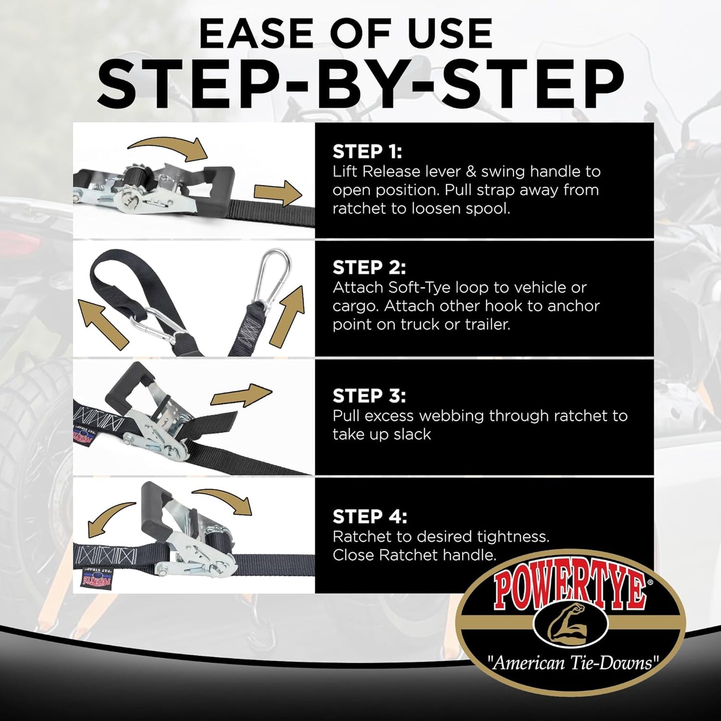 PowerTye - Made in USA - Heavy Duty Ratchet Tie Down Straps with Carabiner Hooks & Sewn-in Soft-Tye, for Motorcycle, ATV, Trailer & Cargo, 1,000 lb WLL, 1.5 inch x 6.5ft Long, Silver/Black (Pair)