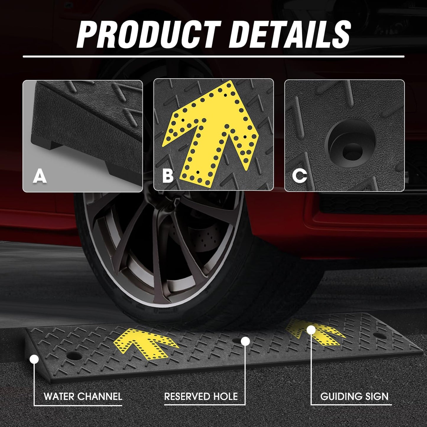 DNA MOTORING 2pcs 3.1" Rise Rubber Arrow Curb Ramp Heavy Duty Loading Driveway Ramp Threshold Ramp 37.4in L x 9.1in W x 3.1in H for Loading Dock, Warehouse, Wheelchair, Motorcycles, Cars, TOOLS-00649