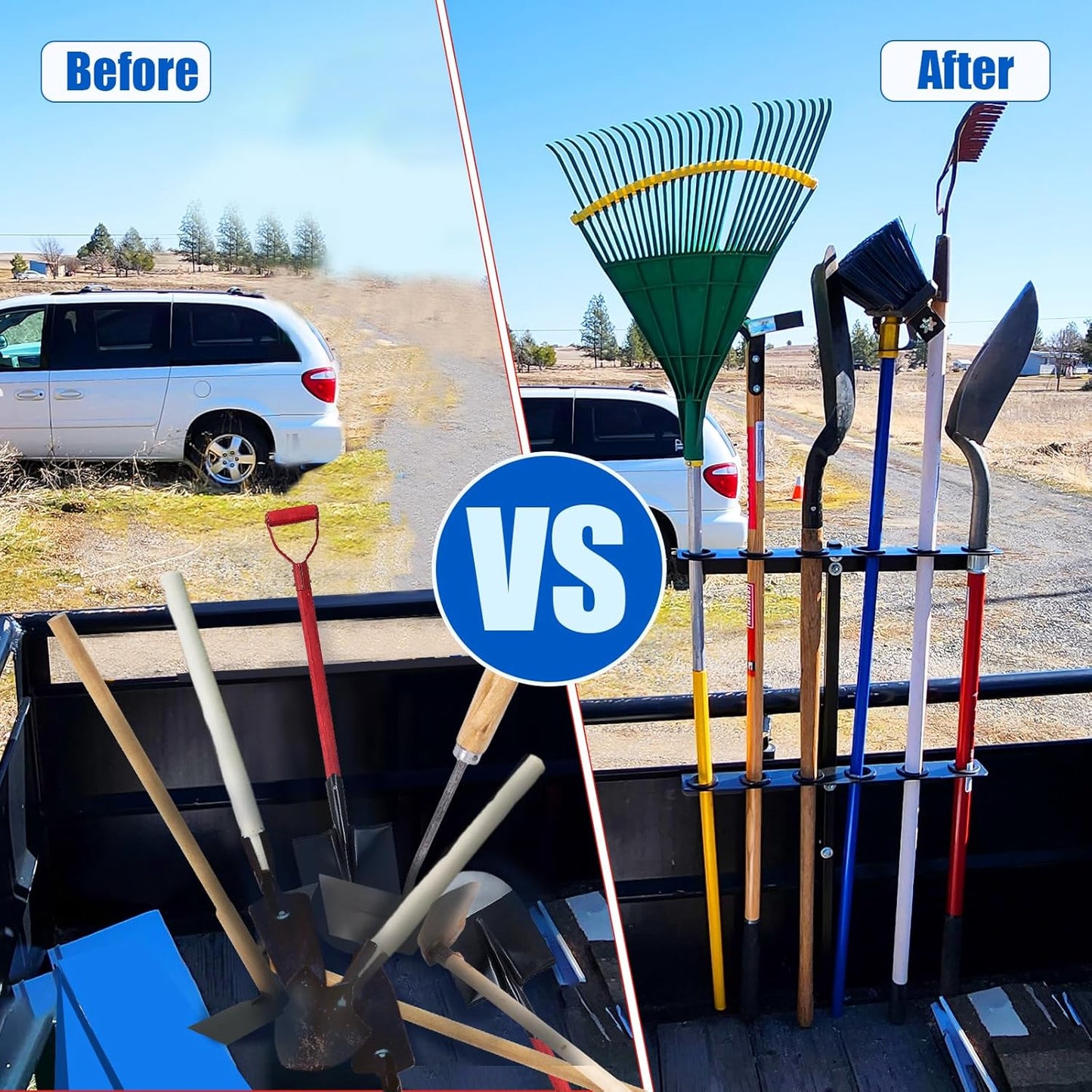 Vertical Hand Rack for Enclosed Landscaping Truck Trailer Garage or Shed Walls Holds 6 Tools for Shovels, Rakes, Hoes, Open Trailer Storage, 1 Pack (Blue)