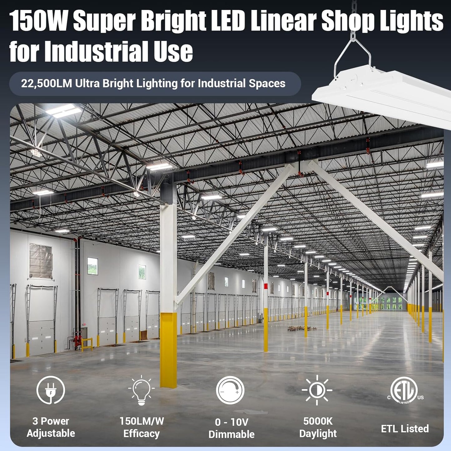 High Bay LED Shop Light 1.35FT 150W 22500LM 0-10V Dimmable 5000K Daylight 120-277V, Commercial LED Linear High Bay Lights for Warehouse Workshop Supermarket Stadium Library, ETL