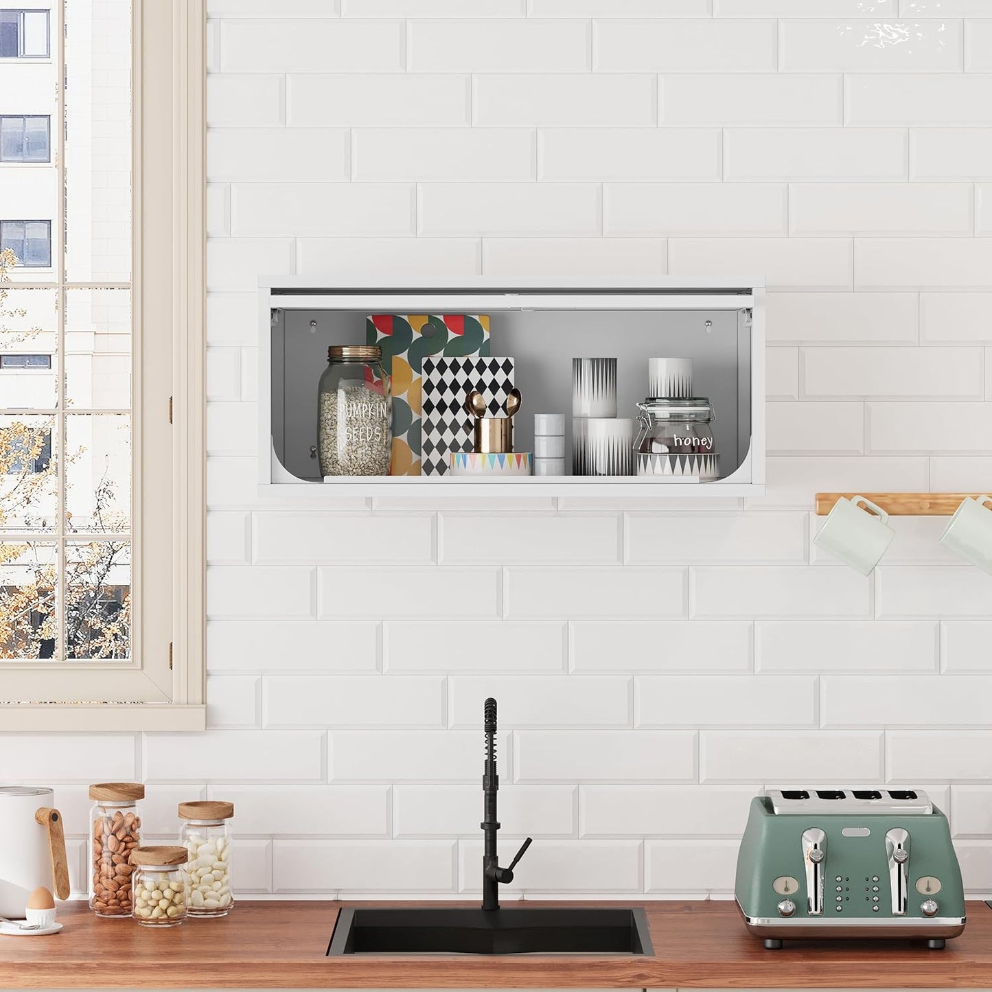 Metal Storage Cabinet White Wall Cabinets with Locking Door - Wall Mounted Storage Cabinet for Garage Warehouse Home Office - Assembly Required