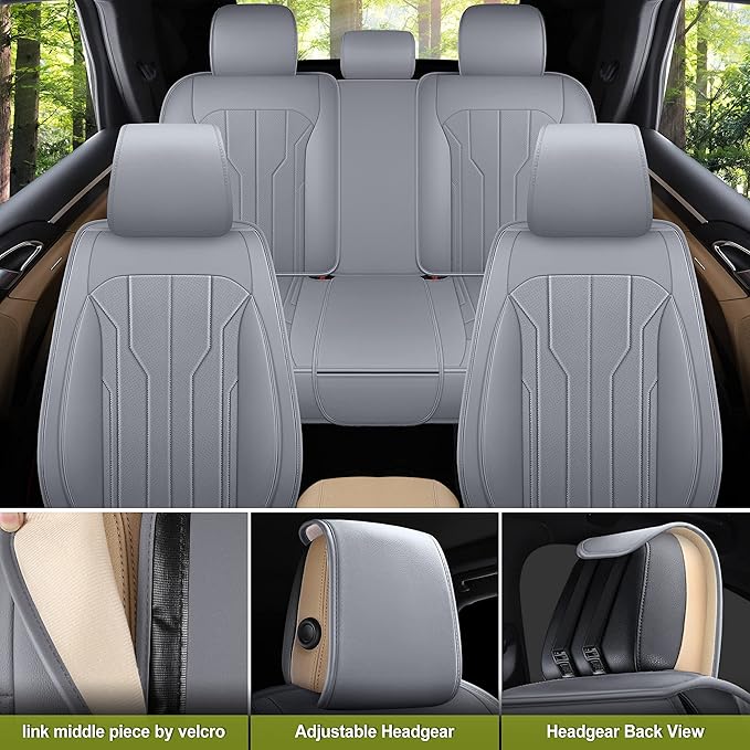 AOOG Leather Car Seat Covers, Leatherette Automotive Seat Covers for Cars SUV Pick-up Truck, Non-Slip Vehicle Car Seat Covers Universal Fit Set for Auto Interior Accessories, Full Set, Gray