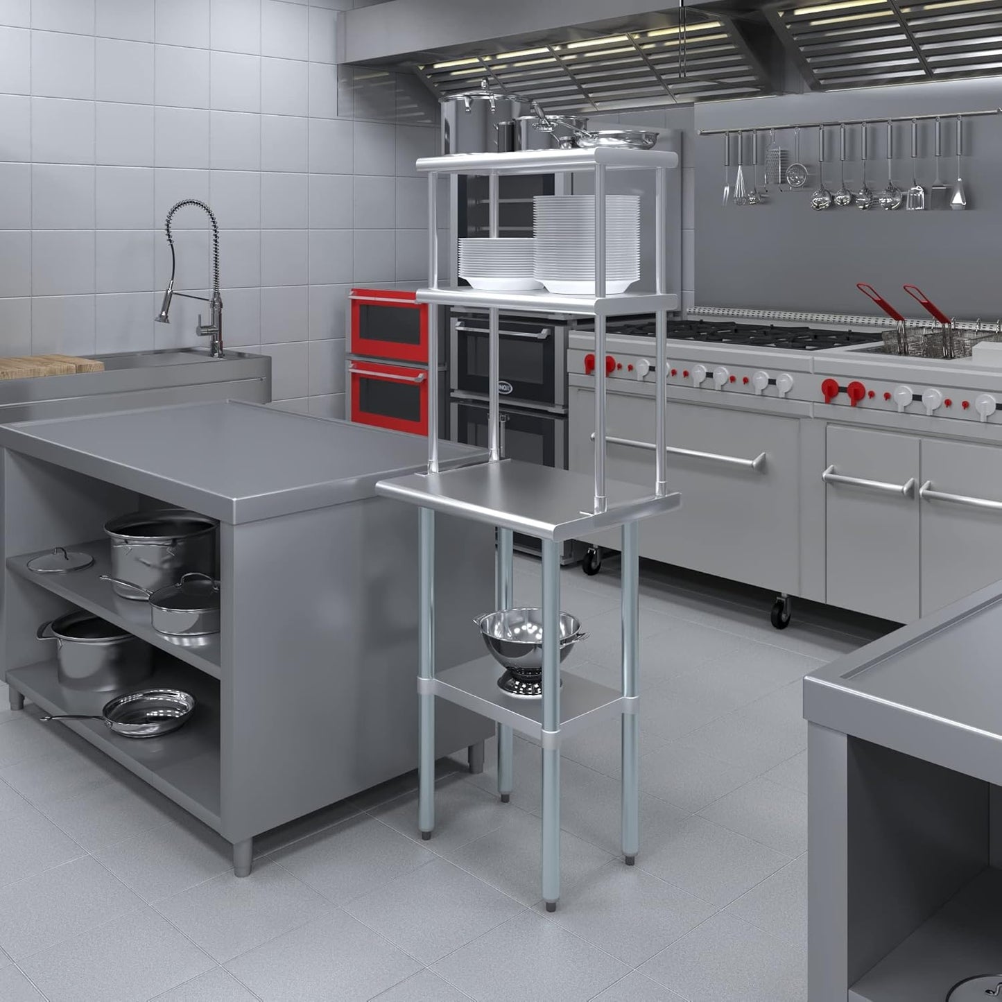 AmGood Stainless Steel Work Table Double Tier Overshelf | (18" x 24" Work Table + 12" Overshelf)