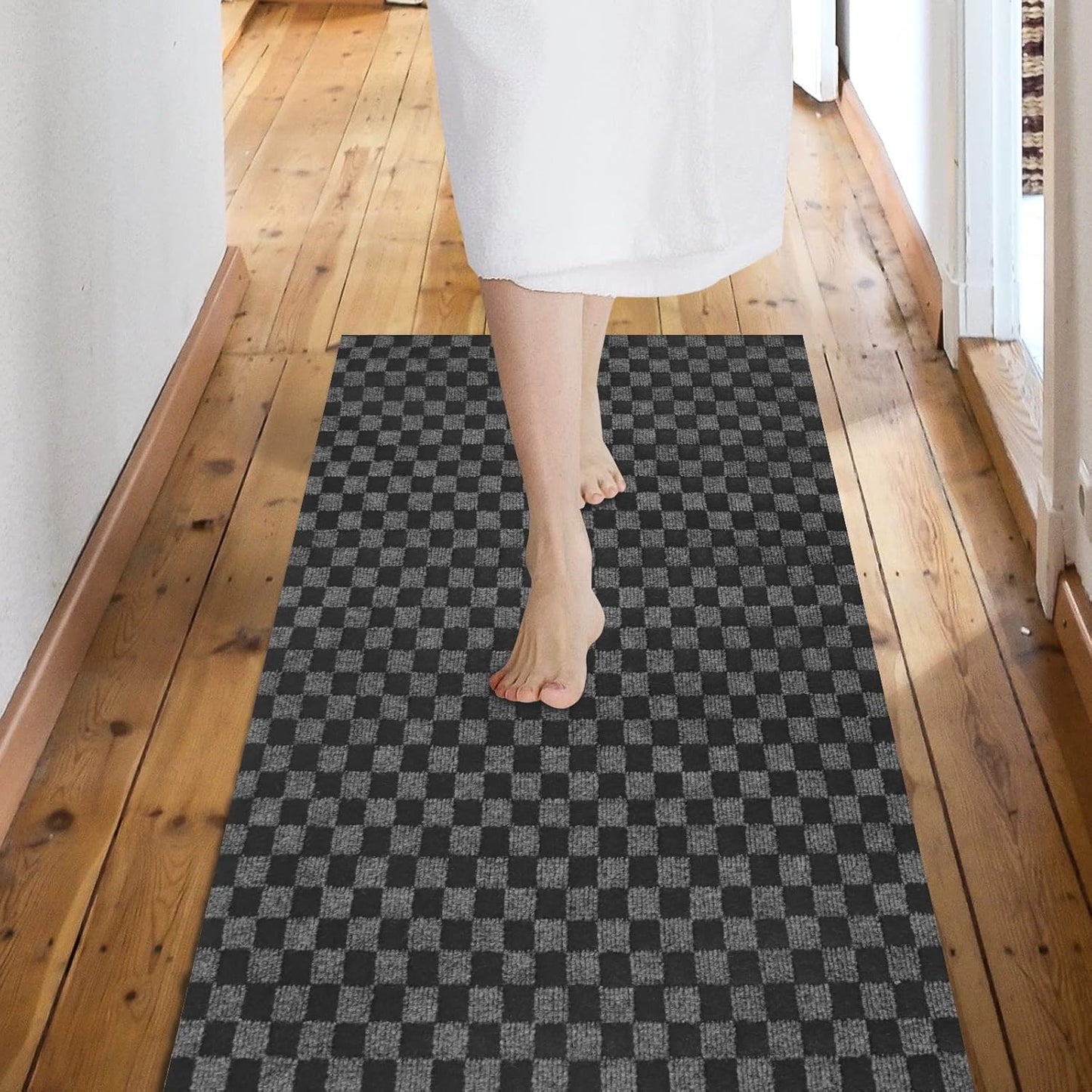 Custom Size Backed Non-Slip Area Rugs Runner, Easy Clean, Waterproof Runner Rugs for Hallway Entryway, Kitchen, Laundry, 3FT x 60FT, Gray Checkered