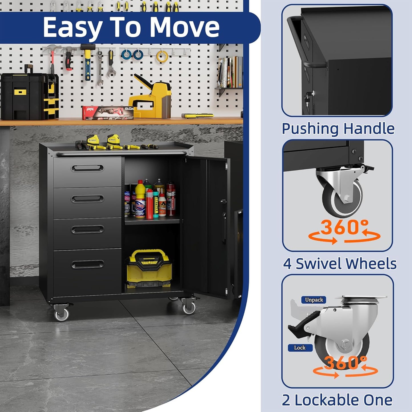 Metal Garage Storage Cabinet with Wheels,Locking Rolling Tool Cabinet with Drawers and Shelves for Home, Office, Garage & Workshop