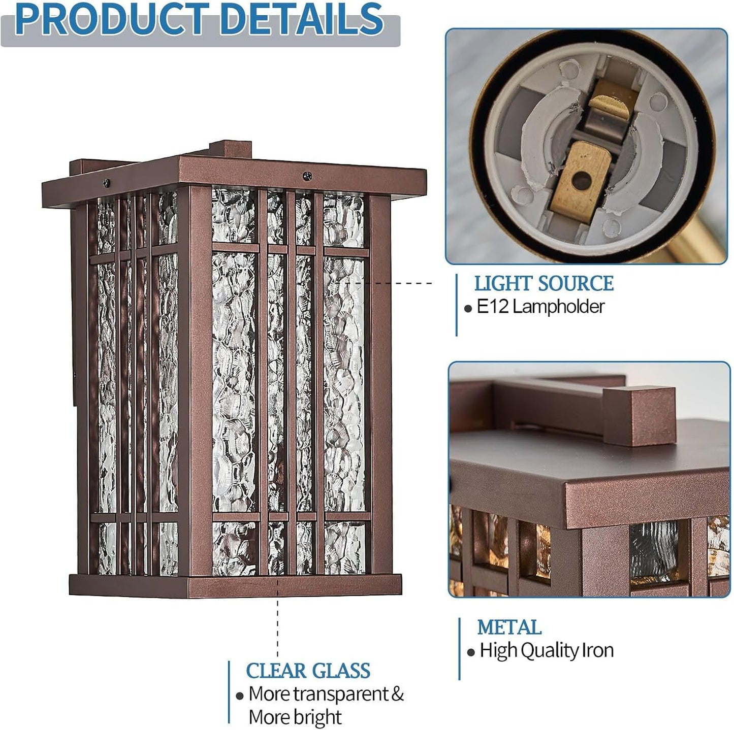 2-Light Outdoor Wall Light E26 Base Metal Frame - Brown Exterior Waterproof Lanterns with Clear Glass,Porch Wall Mount Lighting for Garage, Patio(Bulb not Included)