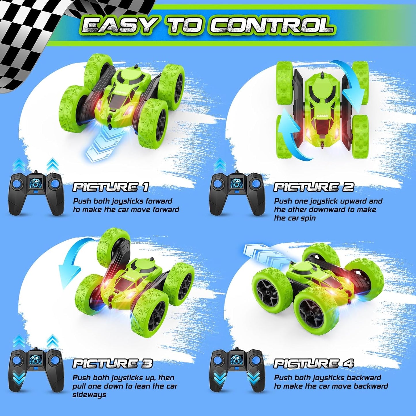 Remote Control Car - RC Car Toys for Boys - 4WD 2.4Ghz Double Sided 360° Rotating RC Cars, Birthday Gifts for Kids Age 6 7 8-12 for Boys and Girls- Green