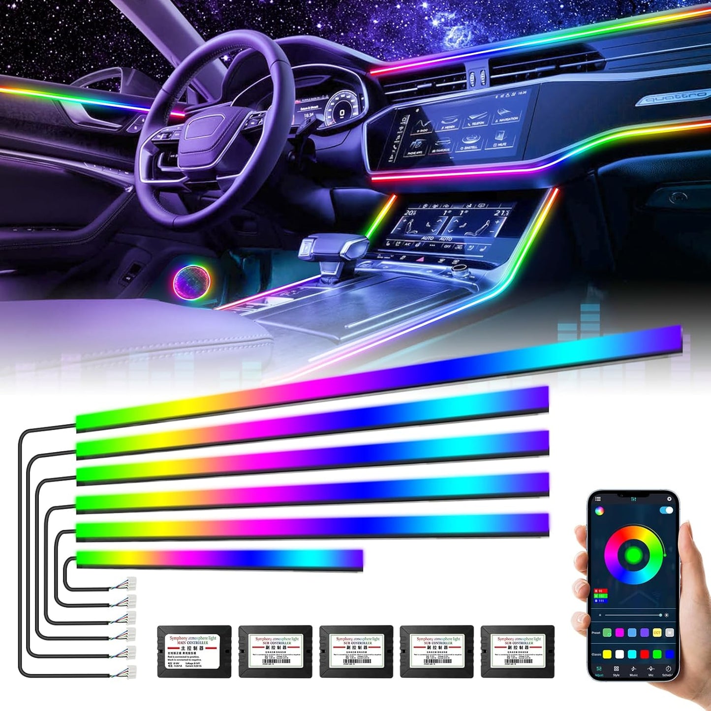Dreamcolor Acrylic Interior Car Lights, AMKI Car LED Strip Light with Bluetooth APP, Car Ambient Lighting Kit with RGB 6 in 1 and 175 inches 593 LEDs, 16 Million Colors Sound Activated Car Neon Lights