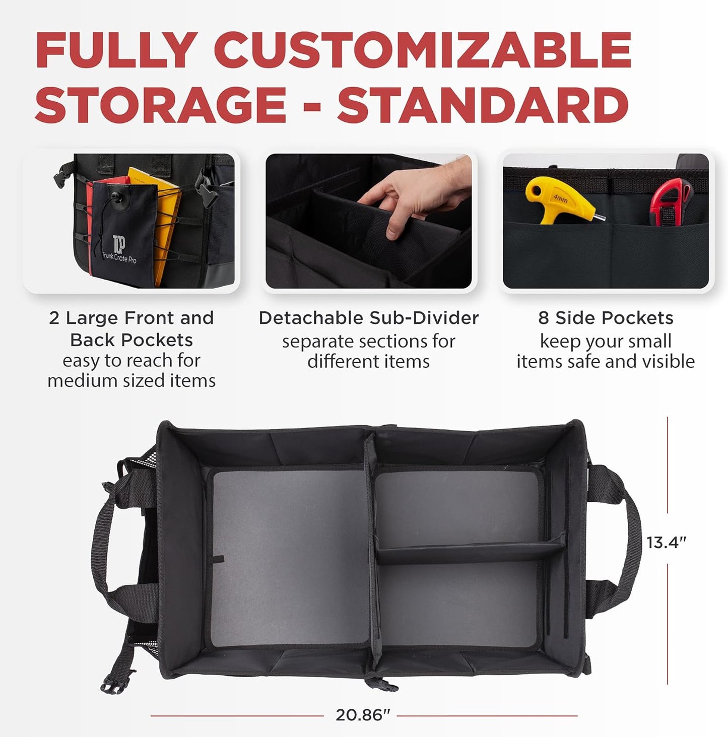 TRUNKCRATEPRO Car Organizers and Storage Premium Adjustable Multi Compartments Car Storage Organizer | Portable and Foldable SUV Trunk Organizer for Car (Standard size, black)