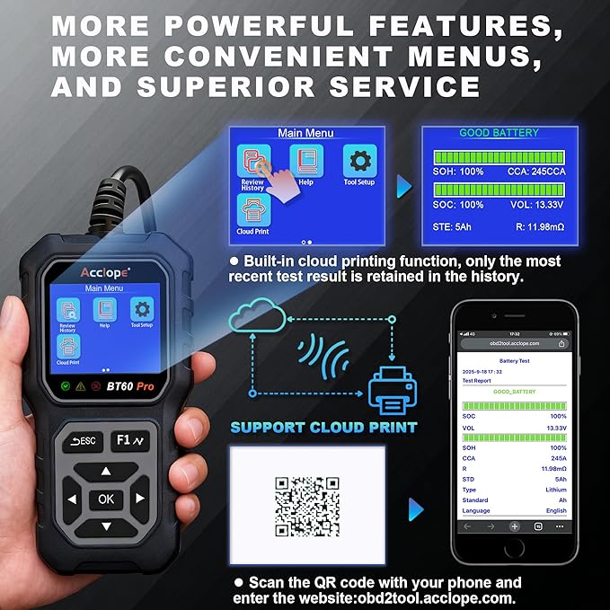 BT60 Pro Car Battery Tester, Digital Analyzer with Cloud Printing, 6V/12V/24V Battery Checker for AGM, Lithium, Gel Batteries, 100-3000 CCA Range, Automotive Charging System