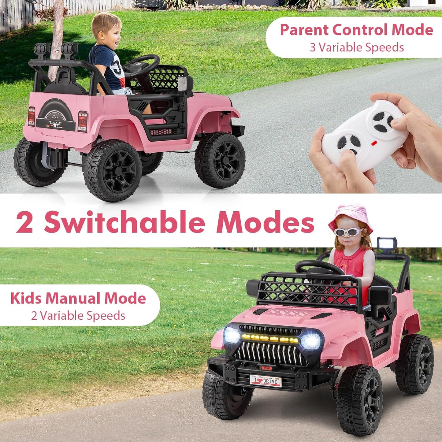 Costzon Kids Ride On Truck, 12V Battery Powered Electric Vehicles w/Remote Control, Spring Suspensions, 3 Speeds, Music, Lights, Wireless Connection, Ride on Car for Boys & Girls 3+ (Pink)