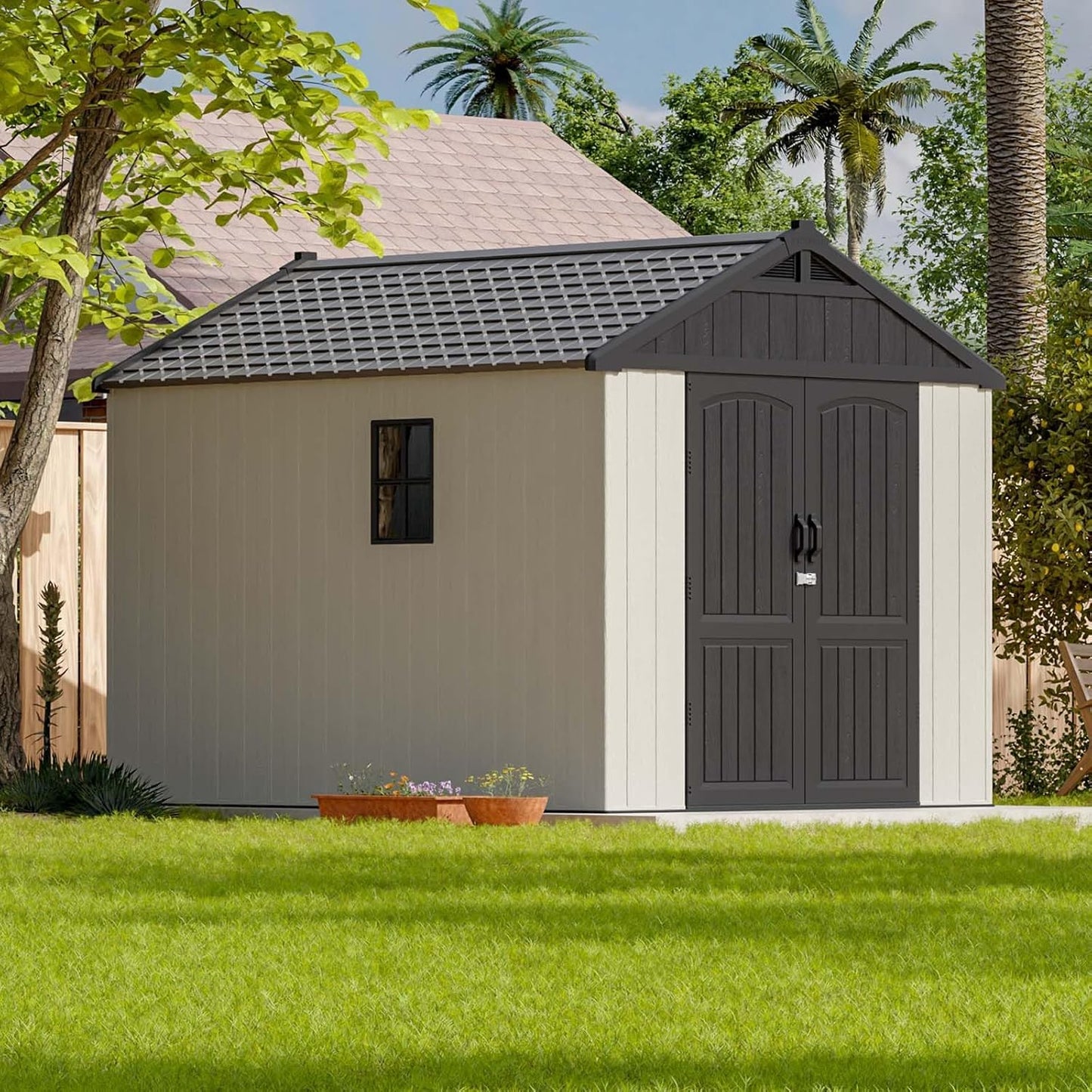 Patiowell 8x10 FT Plastic Shed Outdoor Storage Shed with Floor, Resin Garden Tool Shed Lockable Door & Two Windows for Patio, Backyard, Bike & Organizer, Beige