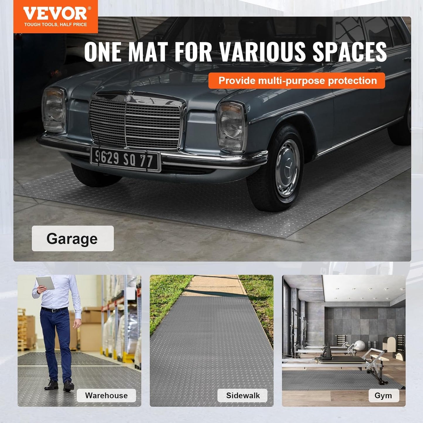 VEVOR Garage Floor Mat, 25.5 x 3.6 FT PVC Garage Flooring Roll, 2.5mm Thickness, Non-Slip Diamond Texture, 91.17 sq.ft Covering Space, Garage Mats for Under Cars for Gyms Boats Trailer, Silver Gray