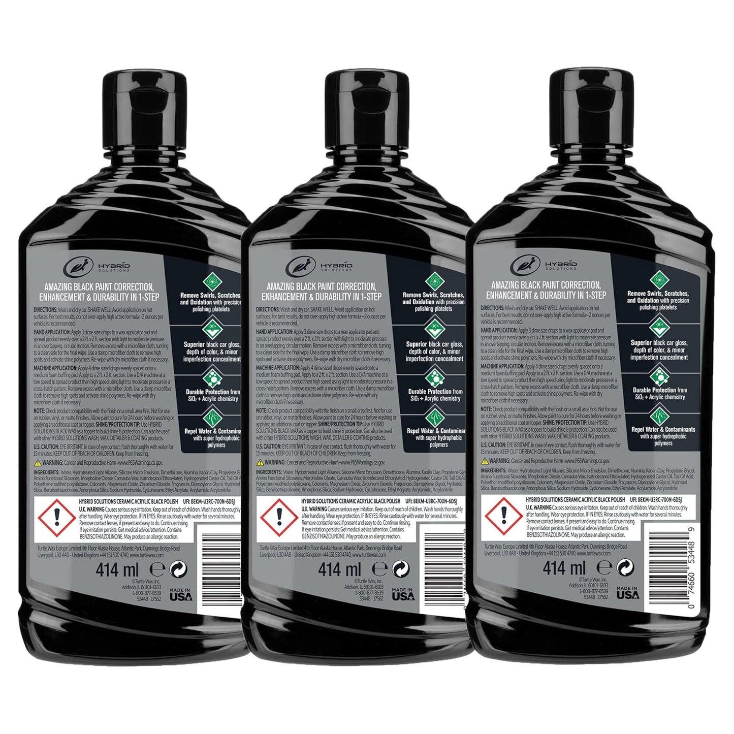Turtle Wax 53895 Hybrid Solutions Ceramic Acrylic Black Polish and Wax Formulated for Black Car Paint, Removes Surface Scratches and Swirl Marks, Provides Water Repellency, 14 oz. (Pack of 3)