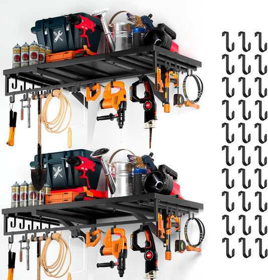 2pcs Garage Wall Shelving - 42in Extra Large Heavy Duty Floating Shelves with 30 Hooks, Load Capacity 1102 Lbs, Hanging Garage Storage Rack, Tool Hanger Organizer Utility Rack, For Home, Workshop
