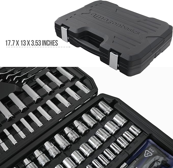 Amazon Basics Mechanic's Socket Tool Set With Case, SAE and Metric Sizes, 201-Piece