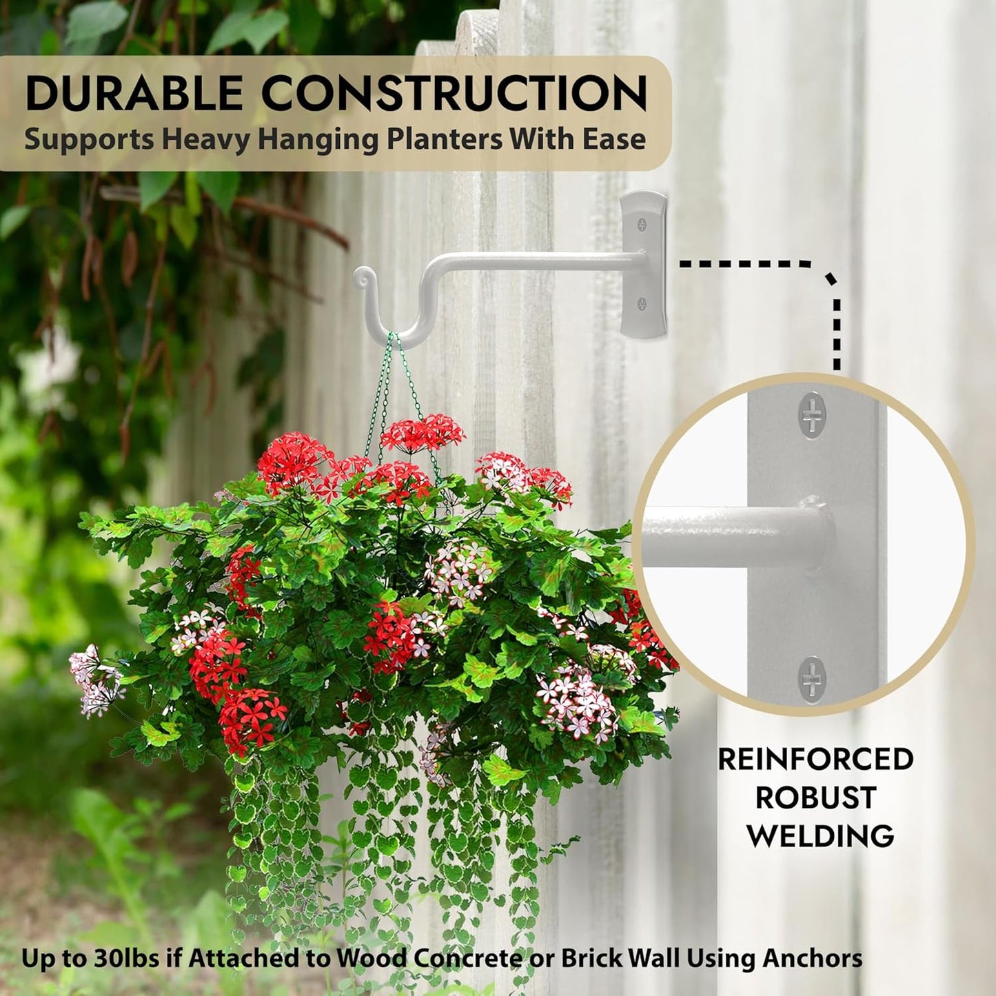 RTZEN Plant Hangers Outdoor or Indoor - Wrought Iron Metal Hanger Indoor Hook - Heavy Duty Wall Bracket Hooks for Hanging Plants Baskets Lanterns Wind Chimes - 2 Pack (White Shepherds Hooks)