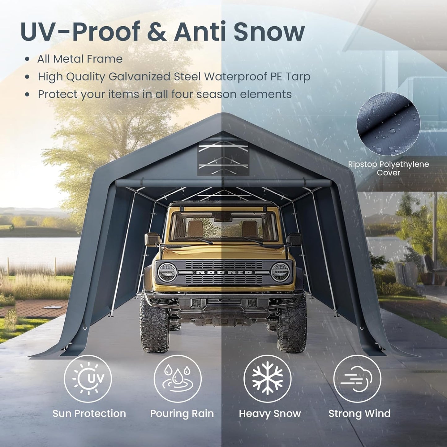 PHI VILLA 13'X22'X9.6' Outdoor Portable Storage Shelter Shed Garage with Roll up Zipper Doors & Vents Carport for Motorcycle Waterproof and UV Resistant Anti-Snow Portable Garage Kit Tent, Gray